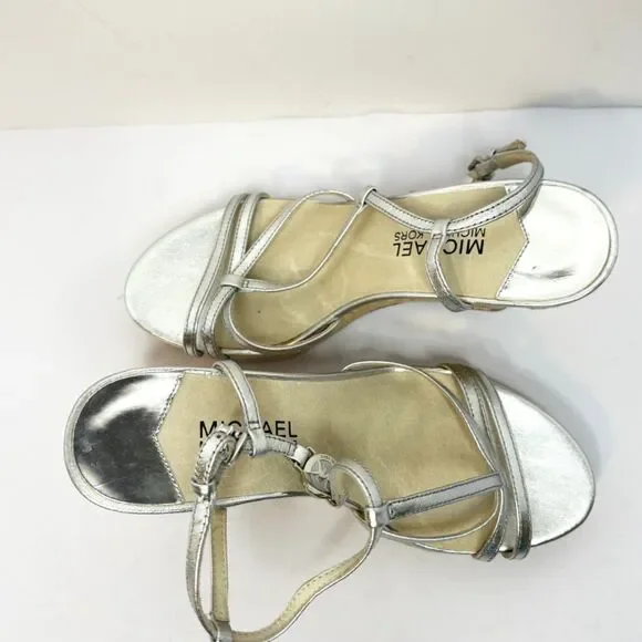 Michael Kors Metallic Espadrille Wedge Sandals Silver Strappy Womens - Picture 5 of 6